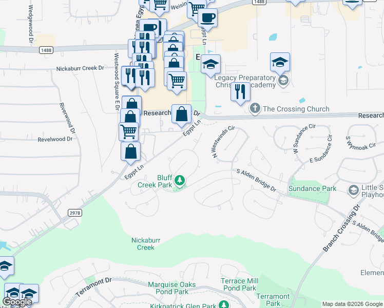 map of restaurants, bars, coffee shops, grocery stores, and more near 82 South Bluff Creek Circle in Spring
