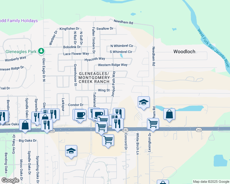 map of restaurants, bars, coffee shops, grocery stores, and more near 9954 Wing Street in Conroe