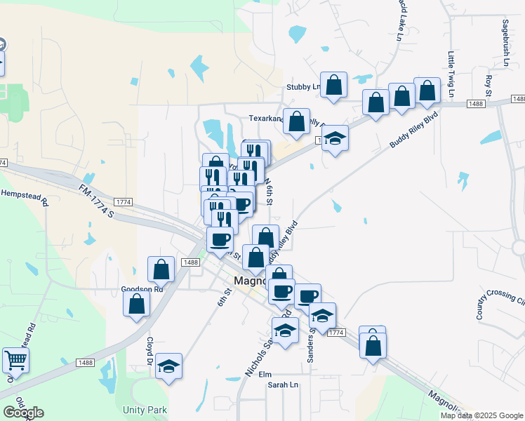 map of restaurants, bars, coffee shops, grocery stores, and more near 18423 Farm to Market Road 1488 in Magnolia