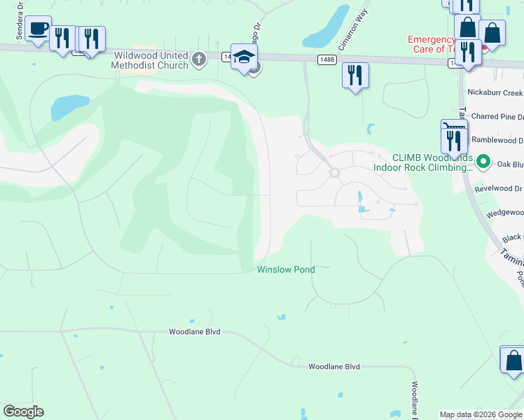map of restaurants, bars, coffee shops, grocery stores, and more near 10419 Clubhouse Circle in Magnolia