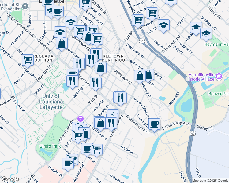 map of restaurants, bars, coffee shops, grocery stores, and more near 800 Stevenson Street in Lafayette