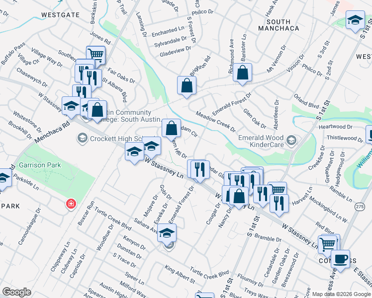 map of restaurants, bars, coffee shops, grocery stores, and more near 5411 Hunters Glen in Austin