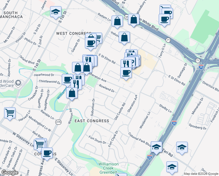 map of restaurants, bars, coffee shops, grocery stores, and more near 304 Rowland Drive in Austin