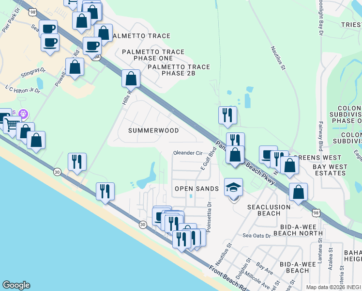 map of restaurants, bars, coffee shops, grocery stores, and more near 225 Beachwood Lane in Panama City Beach