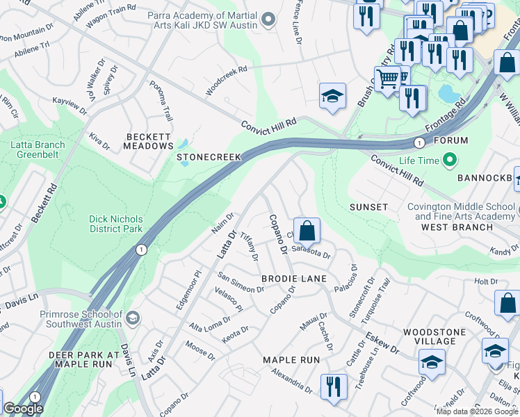 map of restaurants, bars, coffee shops, grocery stores, and more near 7704 Copperas Drive in Austin