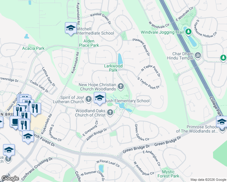 map of restaurants, bars, coffee shops, grocery stores, and more near 47 South Bristol Oak Circle in Spring
