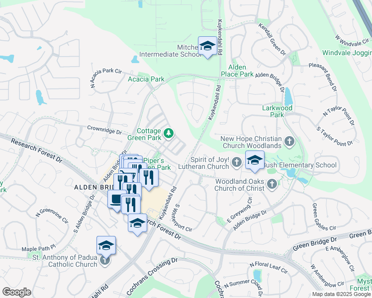 map of restaurants, bars, coffee shops, grocery stores, and more near 98 Sunlit Grove Street in Spring