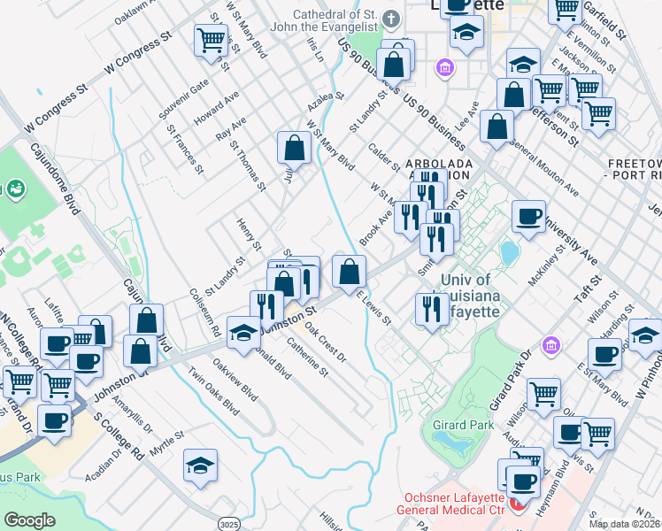 map of restaurants, bars, coffee shops, grocery stores, and more near 133 West Lewis Street in Lafayette