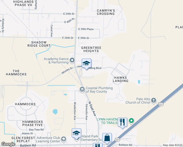 map of restaurants, bars, coffee shops, grocery stores, and more near 2501 Hawks Landing Boulevard in Panama City