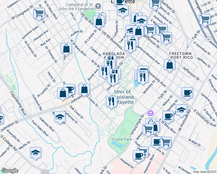 map of restaurants, bars, coffee shops, grocery stores, and more near 130 Smith St in Lafayette