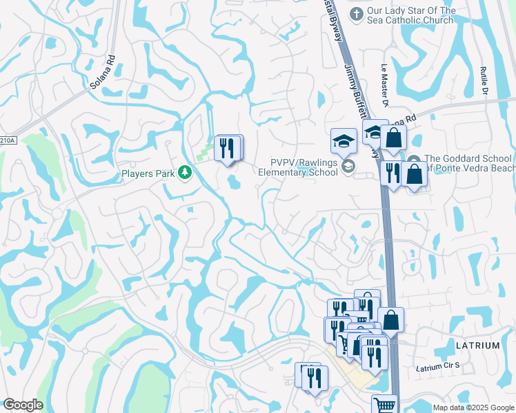 map of restaurants, bars, coffee shops, grocery stores, and more near 632 Miramar Lane in Ponte Vedra Beach