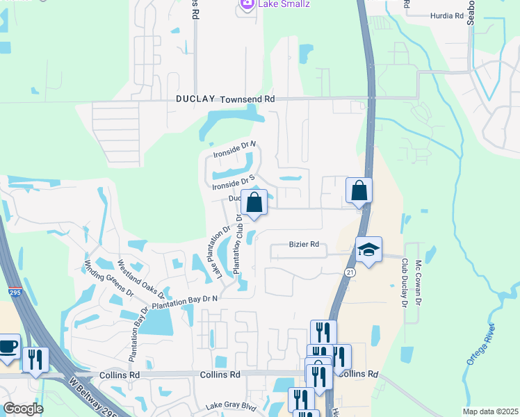 map of restaurants, bars, coffee shops, grocery stores, and more near 6250 Duclay Road in Jacksonville