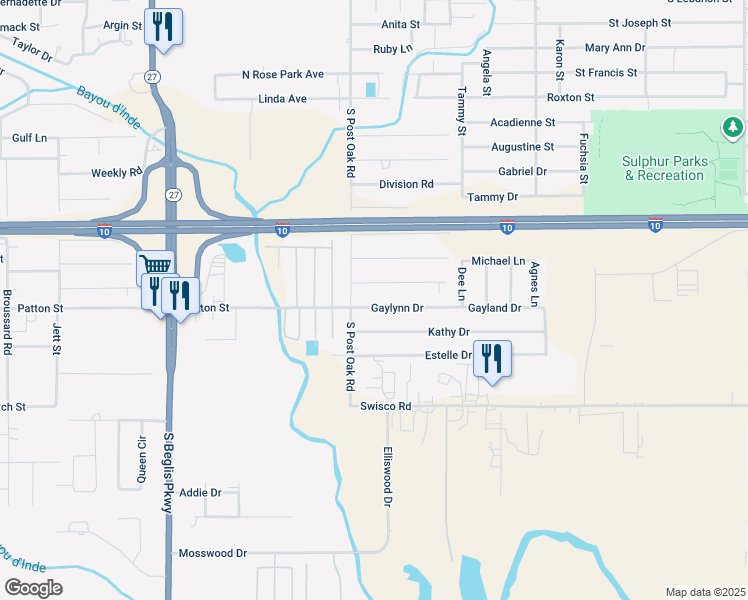 map of restaurants, bars, coffee shops, grocery stores, and more near 2127 Gaylynn Dr in Sulphur