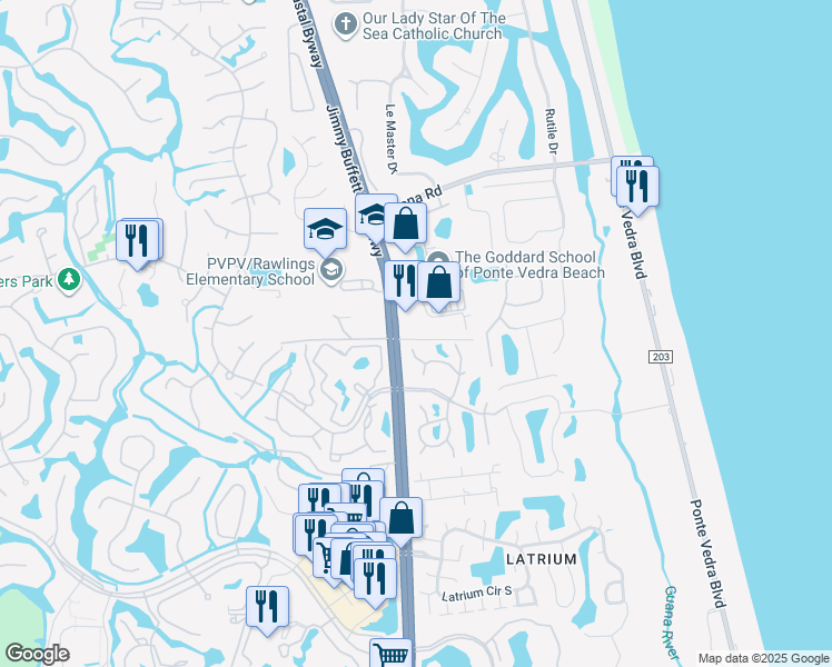 map of restaurants, bars, coffee shops, grocery stores, and more near 637 A1A North in Ponte Vedra Beach