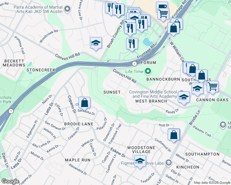 map of restaurants, bars, coffee shops, grocery stores, and more near 7411 Pusch Ridge Loop in Austin