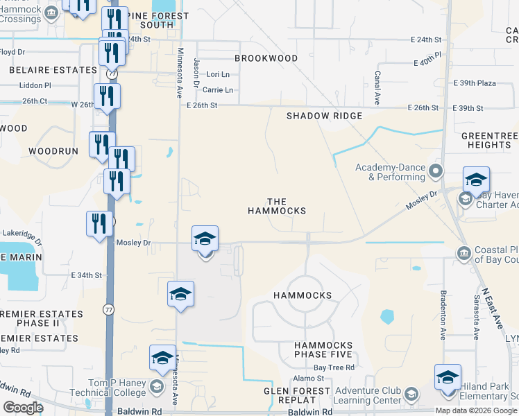 map of restaurants, bars, coffee shops, grocery stores, and more near 3031 Meadow Street in Lynn Haven