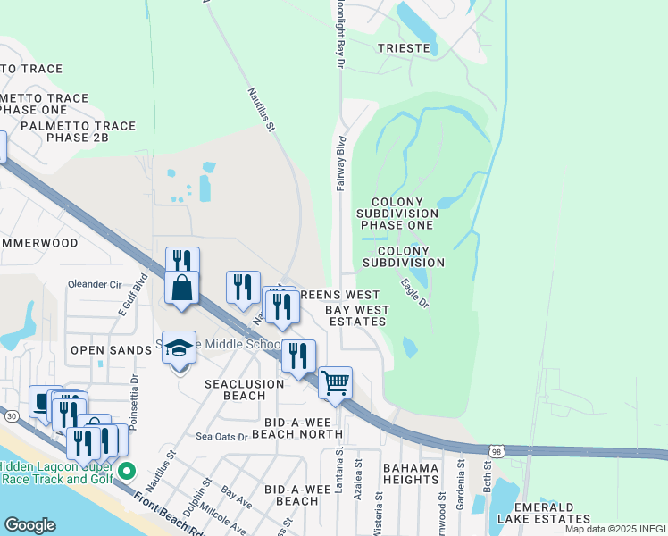 map of restaurants, bars, coffee shops, grocery stores, and more near 301 Fairway Boulevard in Panama City Beach