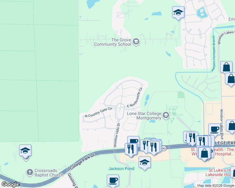 map of restaurants, bars, coffee shops, grocery stores, and more near 35 Surrey Run Place in Conroe