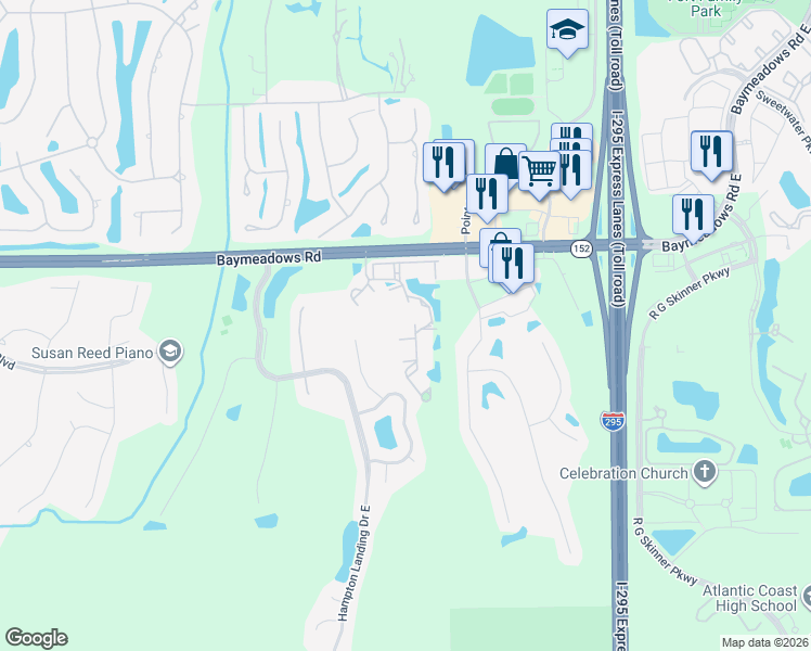 map of restaurants, bars, coffee shops, grocery stores, and more near 10550 Baymeadows Road in Jacksonville