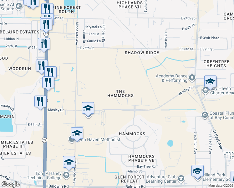 map of restaurants, bars, coffee shops, grocery stores, and more near 3036 Meadow Street in Lynn Haven