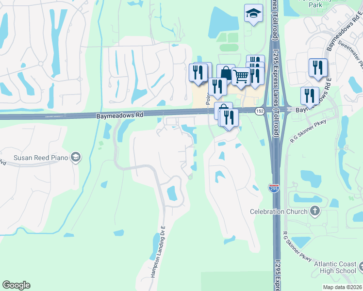 map of restaurants, bars, coffee shops, grocery stores, and more near 10550 Baymeadows Road in Jacksonville