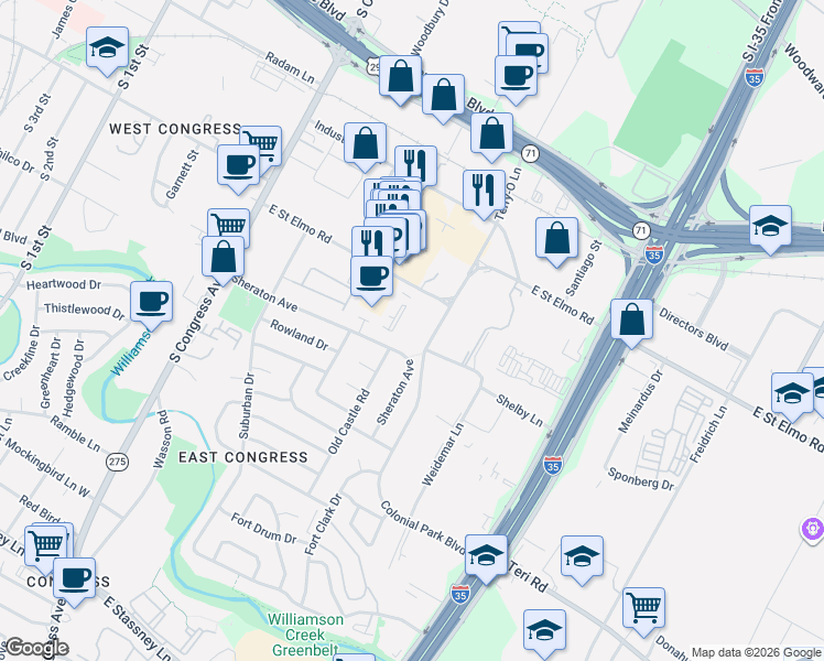 map of restaurants, bars, coffee shops, grocery stores, and more near 4503 Terry-O Lane in Austin