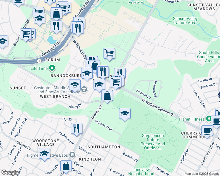 map of restaurants, bars, coffee shops, grocery stores, and more near in Austin