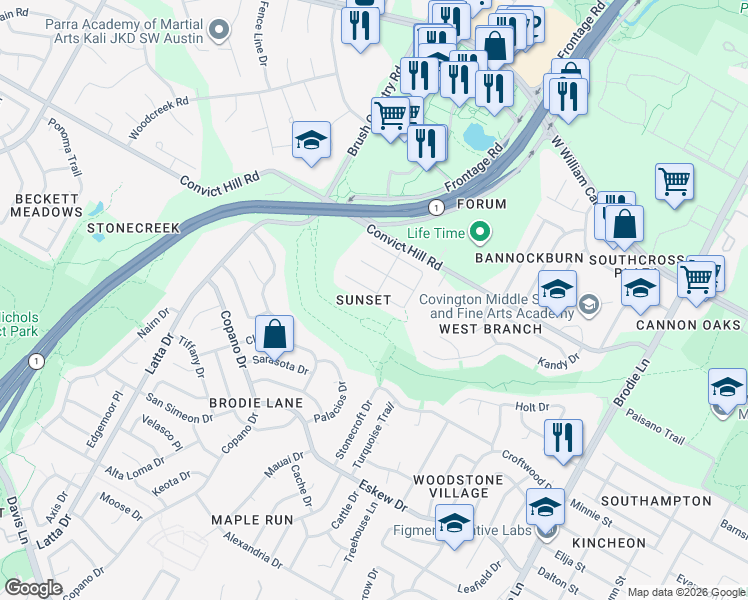 map of restaurants, bars, coffee shops, grocery stores, and more near 7411 Pusch Ridge Loop in Austin