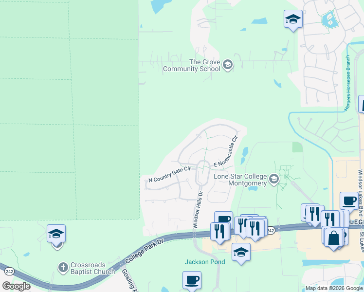 map of restaurants, bars, coffee shops, grocery stores, and more near 222 West Northcastle Circle in Conroe