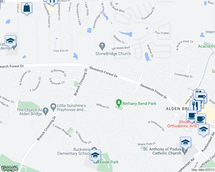 map of restaurants, bars, coffee shops, grocery stores, and more near 95 North Bethany Bend Circle in Spring