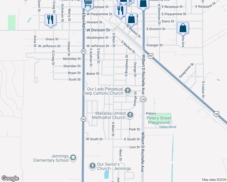 map of restaurants, bars, coffee shops, grocery stores, and more near 101 Renshaw Street in Jennings