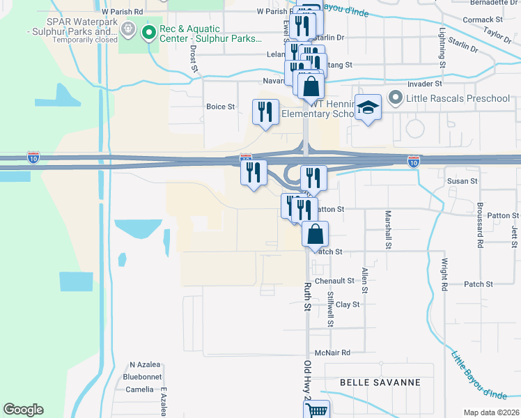 map of restaurants, bars, coffee shops, grocery stores, and more near 325 Arena Road in Sulphur