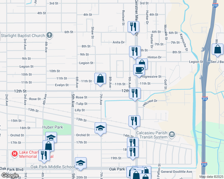 map of restaurants, bars, coffee shops, grocery stores, and more near 2416 12th Street in Lake Charles