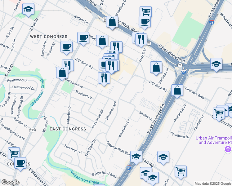 map of restaurants, bars, coffee shops, grocery stores, and more near 4503 Terry-O Lane in Austin