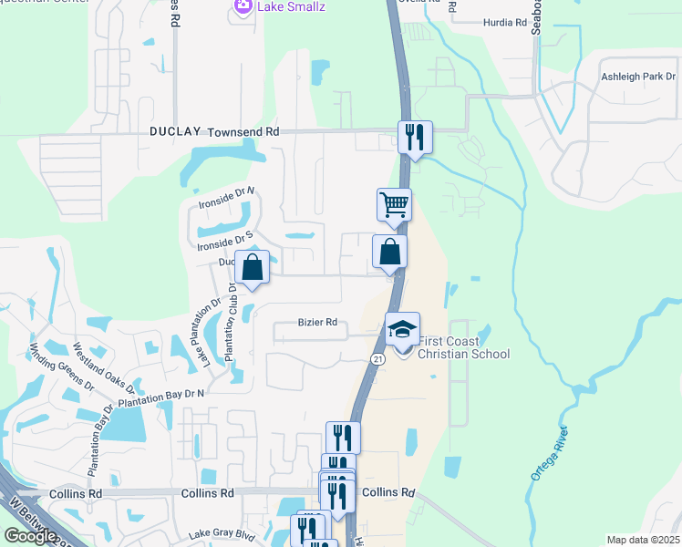 map of restaurants, bars, coffee shops, grocery stores, and more near Duclay Forest Drive East in Jacksonville