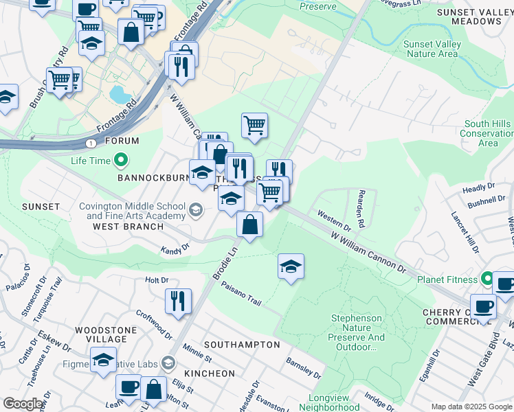 map of restaurants, bars, coffee shops, grocery stores, and more near 6900 Brodie Lane in Austin