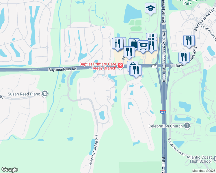 map of restaurants, bars, coffee shops, grocery stores, and more near 10550 Baymeadows Road in Jacksonville