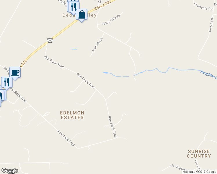 map of restaurants, bars, coffee shops, grocery stores, and more near 11411 Rim Rock Trail in Austin