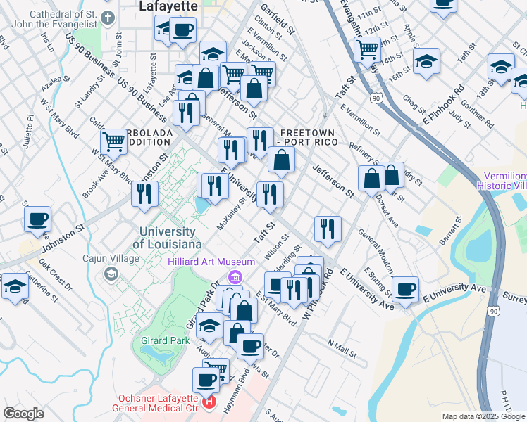 map of restaurants, bars, coffee shops, grocery stores, and more near 600 East University Avenue in Lafayette