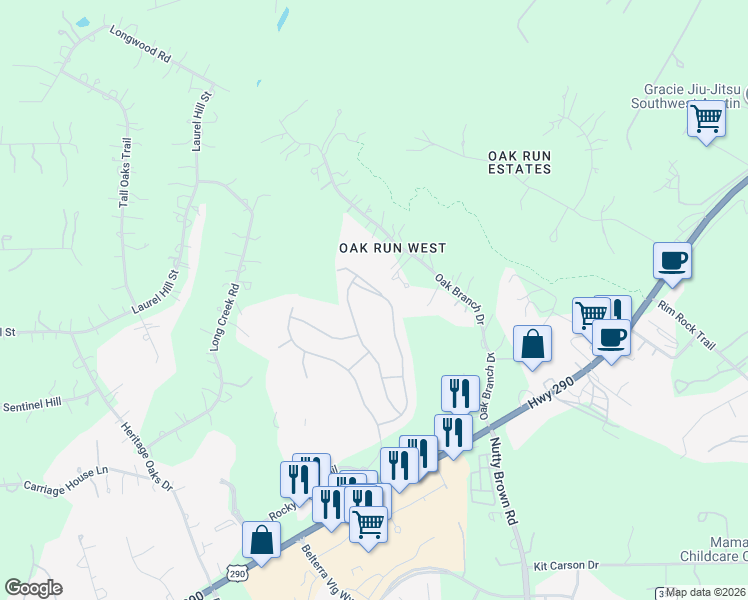 map of restaurants, bars, coffee shops, grocery stores, and more near 521 Stone View Trail in Austin