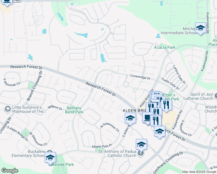 map of restaurants, bars, coffee shops, grocery stores, and more near 170 South Walden Elms Circle in Spring