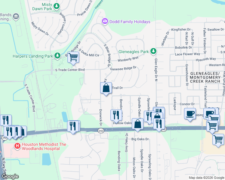 map of restaurants, bars, coffee shops, grocery stores, and more near 16704 Great Oaks Drive in Conroe