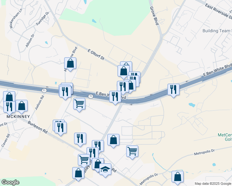 map of restaurants, bars, coffee shops, grocery stores, and more near 6130 East Ben White Boulevard in Austin