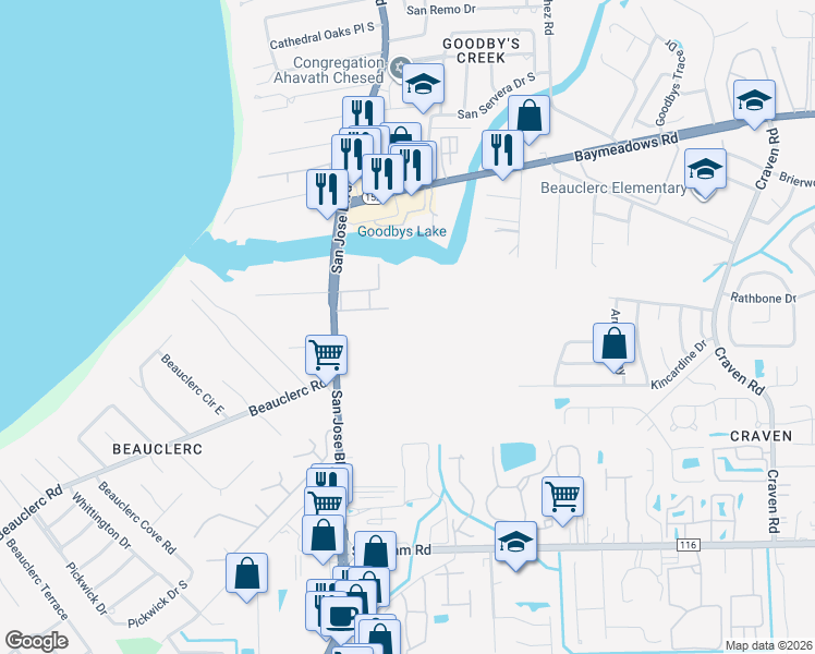 map of restaurants, bars, coffee shops, grocery stores, and more near 9047-1 San Jose Apartment in Jacksonville