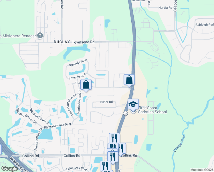 map of restaurants, bars, coffee shops, grocery stores, and more near 6140 Duclay Road in Jacksonville