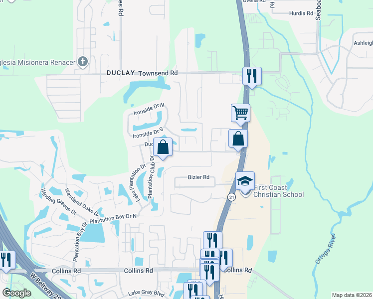 map of restaurants, bars, coffee shops, grocery stores, and more near 6202 Duclay Road in Jacksonville