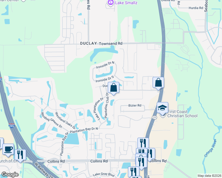 map of restaurants, bars, coffee shops, grocery stores, and more near 6250 Duclay Road in Jacksonville