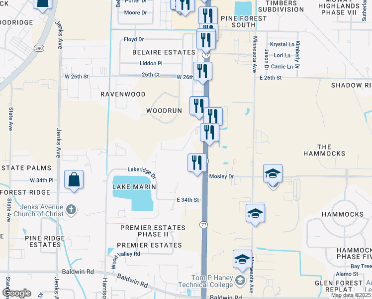 map of restaurants, bars, coffee shops, grocery stores, and more near 2929 Palmetto Ridge Way in Lynn Haven