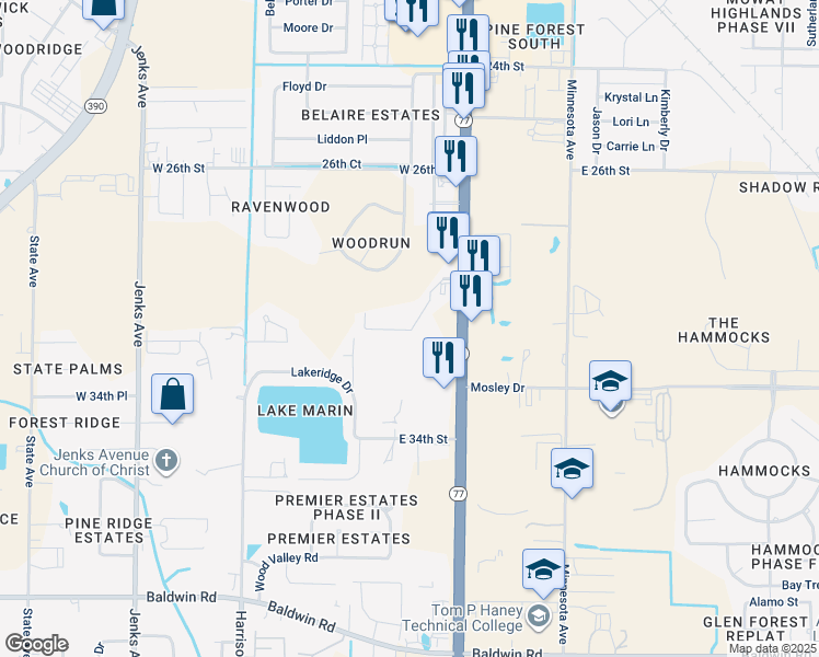 map of restaurants, bars, coffee shops, grocery stores, and more near 2929 Palmetto Ridge Way in Lynn Haven