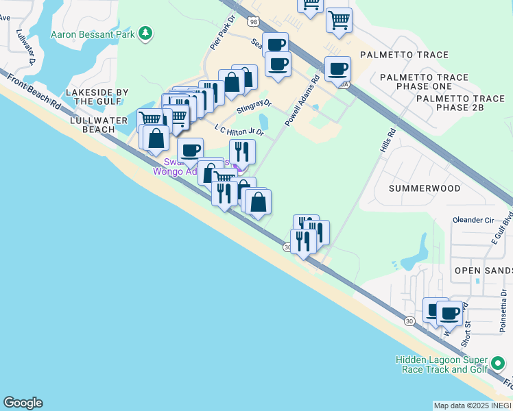 map of restaurants, bars, coffee shops, grocery stores, and more near 15628 Front Beach Road in Panama City